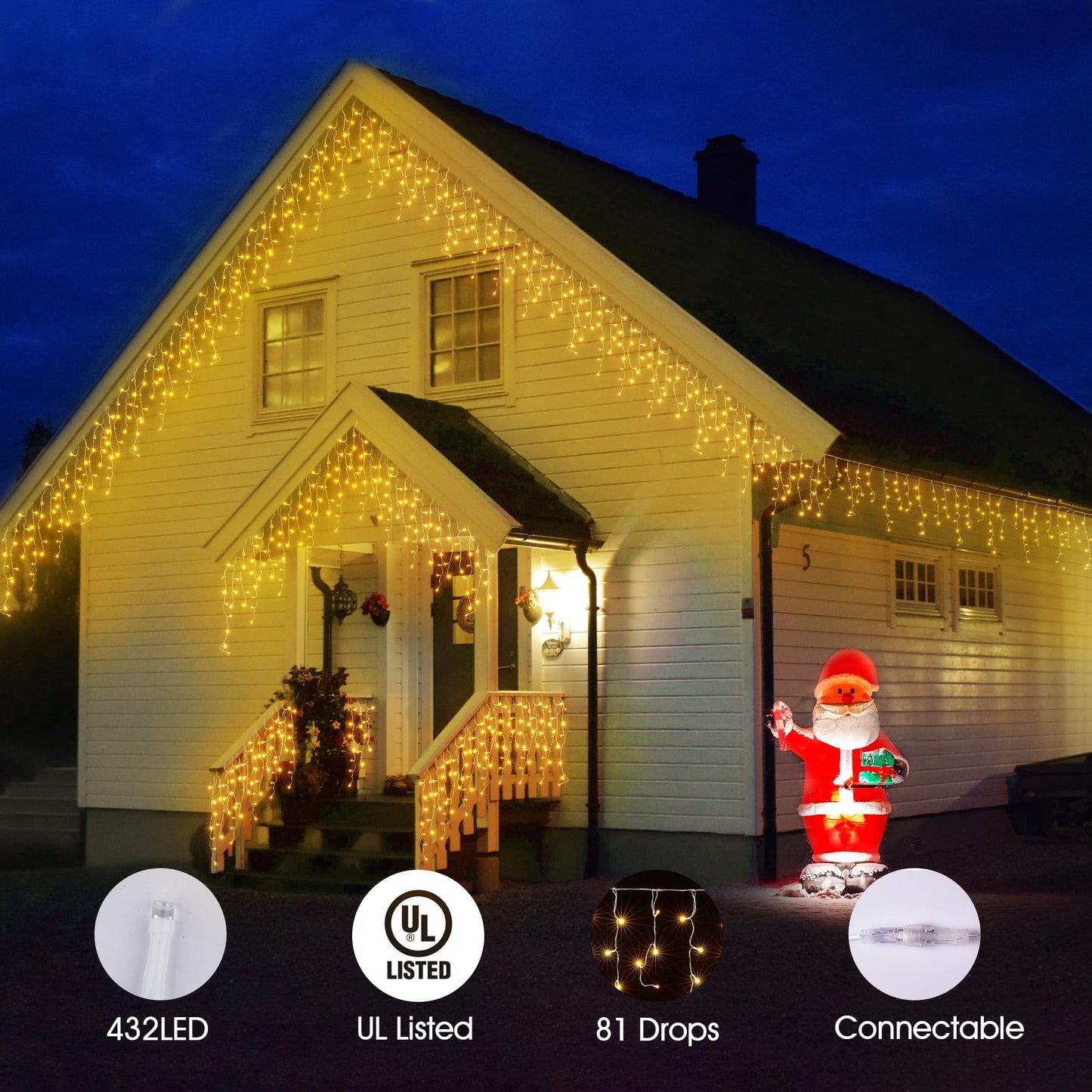 WBao Christmas Lights Outdoor, 432 LED 33FT Icicle Lights with 81 Drops, Remote Control, 3 Timer Settings, 8 Modes, Waterproof, Connectable Fairy Lights for Wedding, Holiday Eaves Decor, Warm White