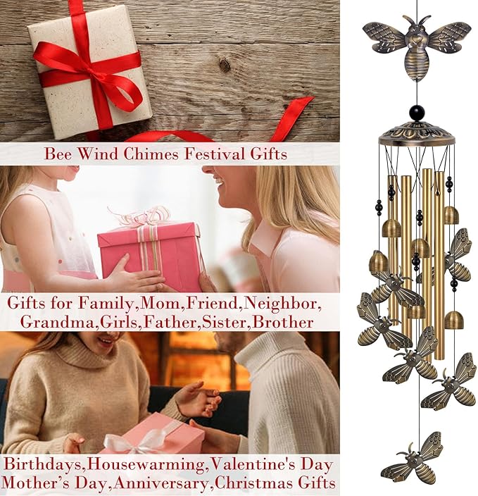 Bronze Bee Wind Chimes Decor, Mobile Blessing Wind Bells Decorate, Sympathy Wind Catcher, Memorial Gifts for Mom,Grandma,Woman (Housewarming/Outside/Indoor/Home/Room/Porch/Yard/Garden Decoration)