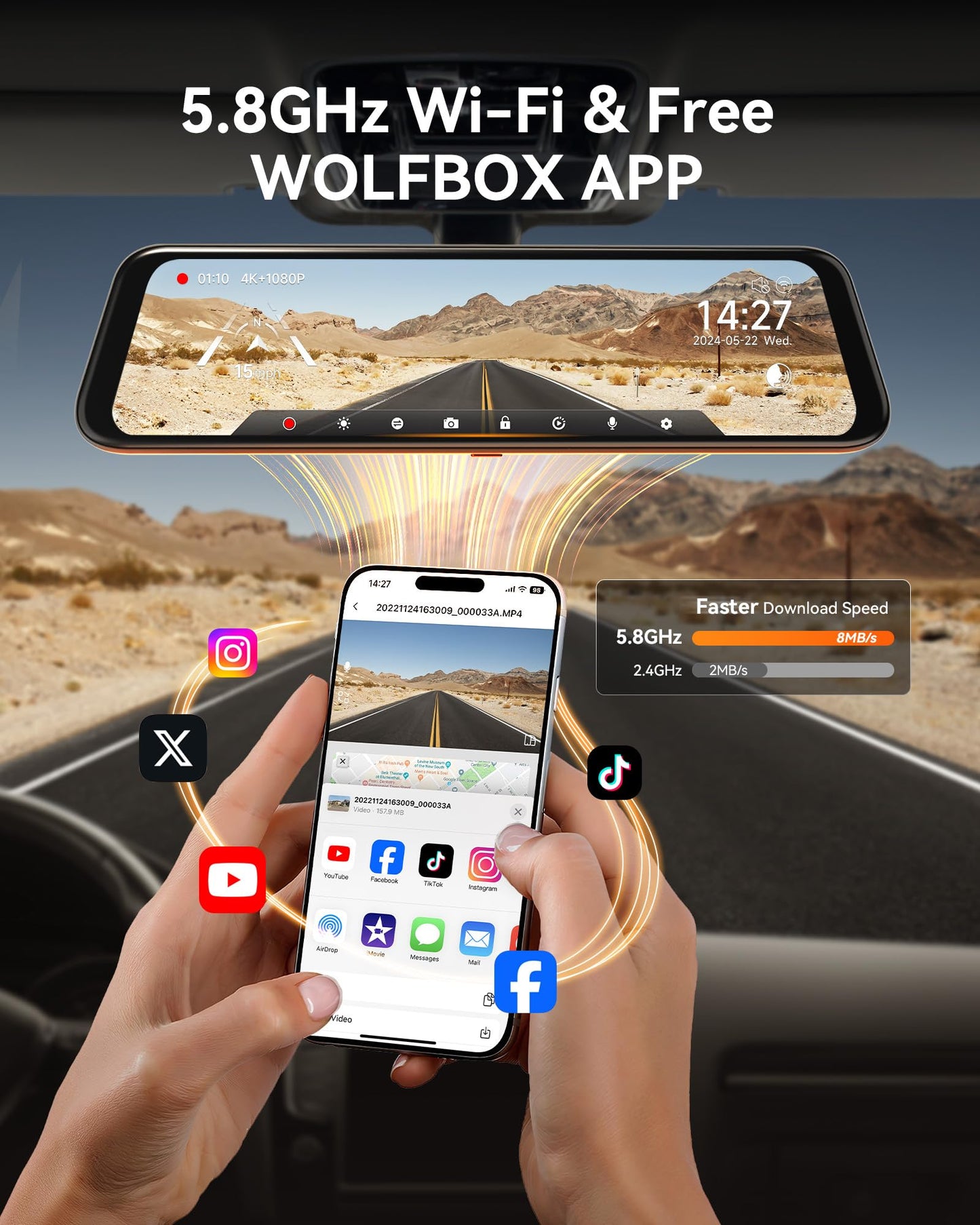 WOLFBOX G850 12" 4K Rear View Mirror Camera with 5.8GHz WiFi and Voice Control, Smart Mirror Dash Cam Front and Rear, Backup Camera with 1080P Rear Camera, Dash Cam with WDR, Includes 64GB Card & GPS
