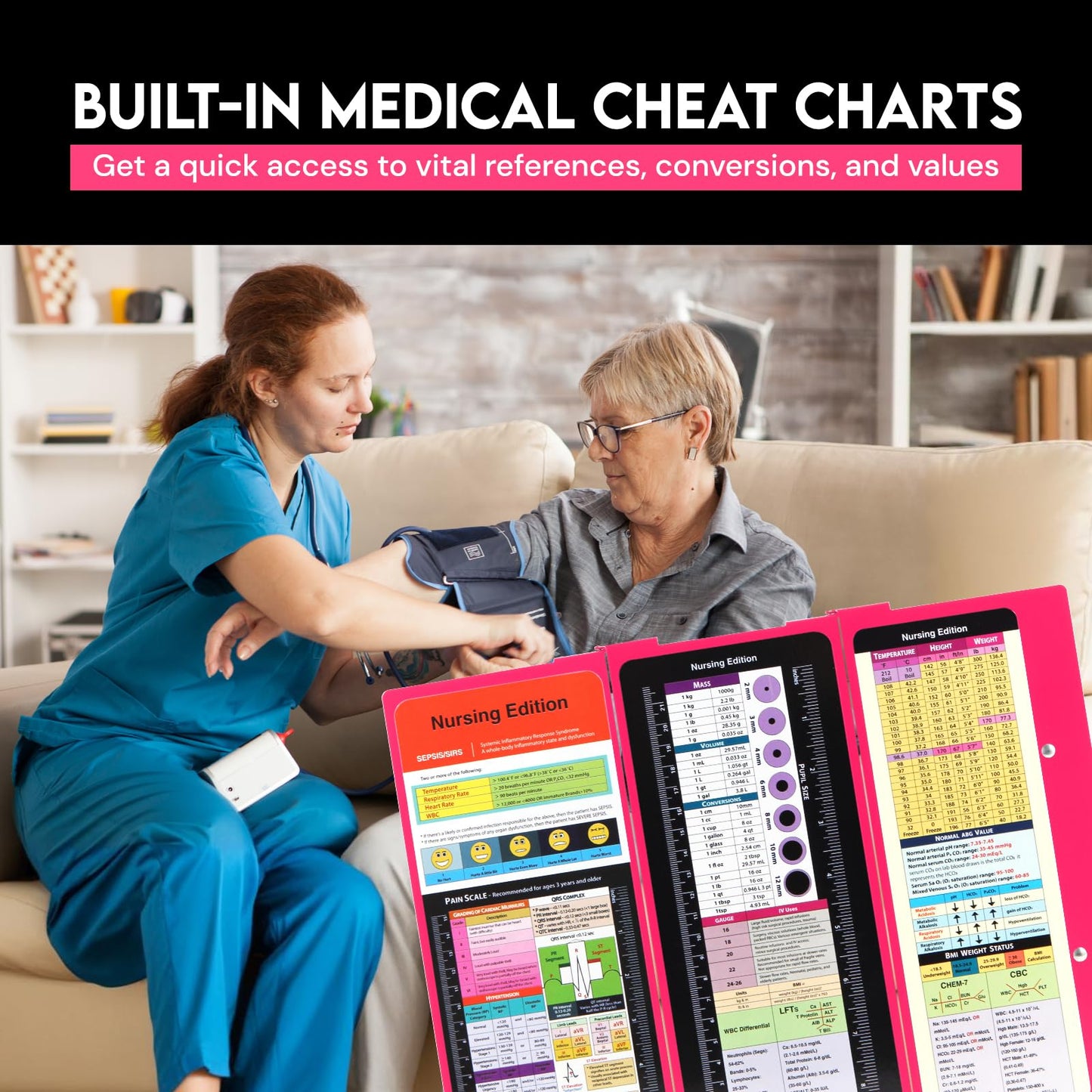 Nursing Clipboard Foldable with Medical Edition Cheat Sheets, 3 Layers Aluminum Foldable Clipboard for Nursing, Notepad for Students, Nursing School Essentials (Pink)