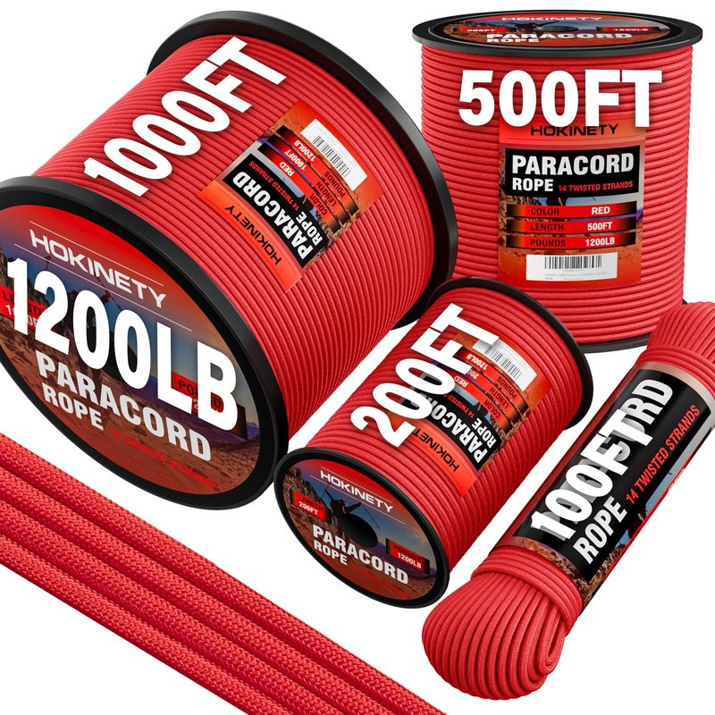HOKINETY 1200 Paracord Rope - 4.4mm 14 Strand Nylon Parachute Spool para Cord Lanyard for Outdoor Camping Survival Utility Tent Crafting DIY Projects Fishing Clothsline Bracelet - Red 200FT