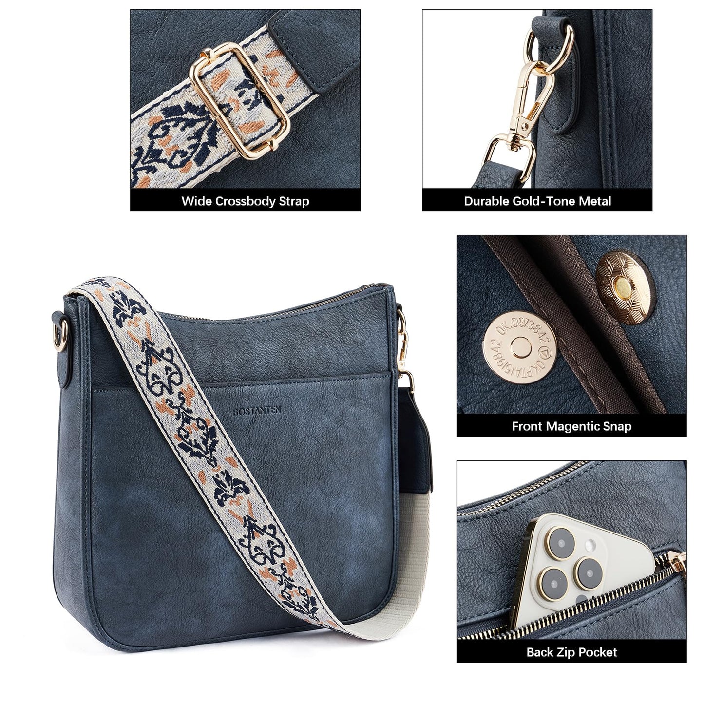 BOSTANTEN Crossbody Bags for Women Trendy Vegan Leather Hobo Purses Shoulder Handbags With Wide Shoulder Strap Navy Blue