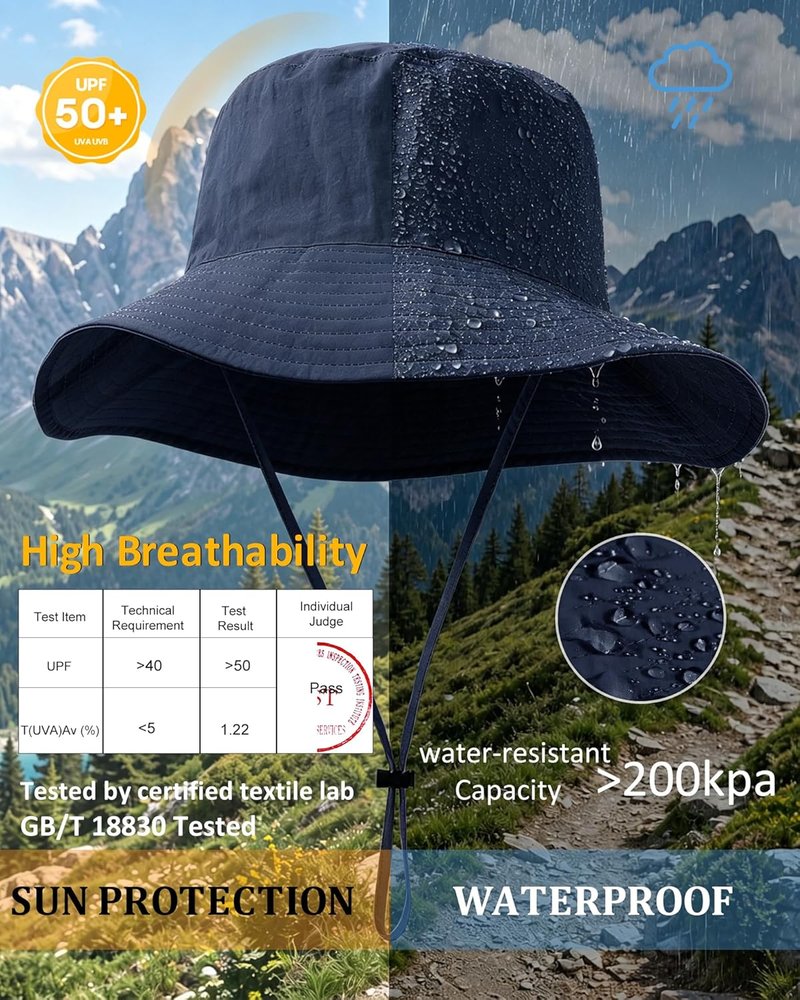 Water-Resistant UPF 50+ Bucket Hat - Packable Brimmed Boonie for Summer Hiking | Lightweight Outdoor Cap