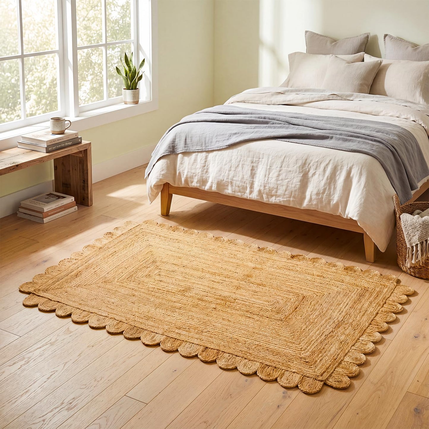GRUHUM Scalloped Jute Area Rug 4'x6' ft Natural Fiber Rectangular Handwoven Boho Reversible Farmhouse Soft Braided Rustic Vintage Rug Indoor Ecofriendly Livingroom Bedroom Kitchen Hallways Enterways