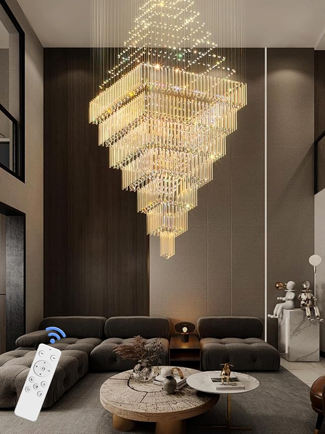 Flashing God D59''X H120'' Extra Large Chandeliers for High Ceilings Crystal Raindrop Gold Chandeliers Large Villa Chandelier Entrance Foyer Crystal High Ceiling Light LED Dimmable 2700K-6000K