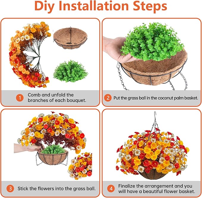Artificial Fall Flowers with Hanging Baskets Outdoors, Faux mums for Outdoor planters, Fake Mums Petunia Artificial Hanging Plants UV Resistant for Autumn Porch Garden Home Yard Decor (Early Harvest)