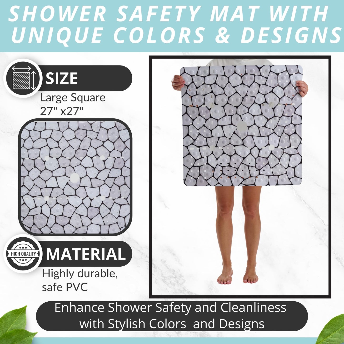 ENKOSI Square Shower Mat 27x27 inch - Anti Slip Shower Stall Floor Mat - Non Slip Shower Mats with Strong Secure Suction Cups and Drain Holes in Middle (27x27 Pebble)