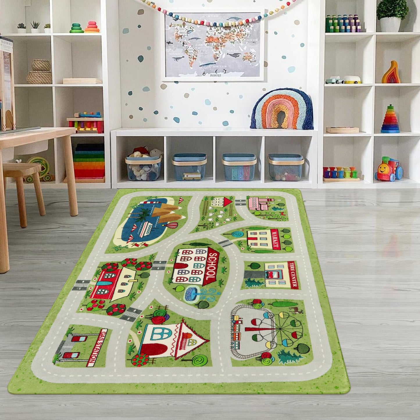 LIVEBOX Green Kids Playroom Rug, 5'x7' Washable Road Rug for Kids Room, Non-Slip Soft Car Rugs Play Mat for Baby Nursery, Large City Traffic Rugs Classroom for Boys Girls Dorm Toy Room Tent