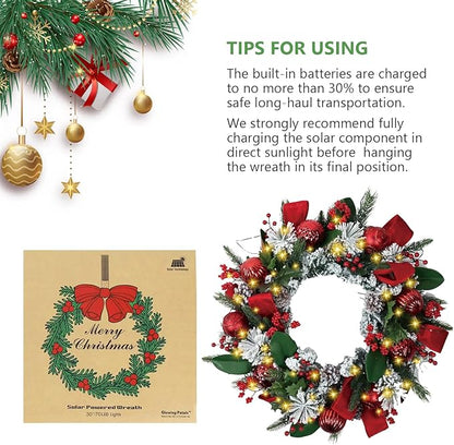 Solar Christmas Wreath 28 Inch Pre-Lit Solar 50 Led Artificial Wreath Outdoor Front Door Window Christmas Decorations with Frosted Branches Pine Cones Red Velvet Bows Balls (2809)