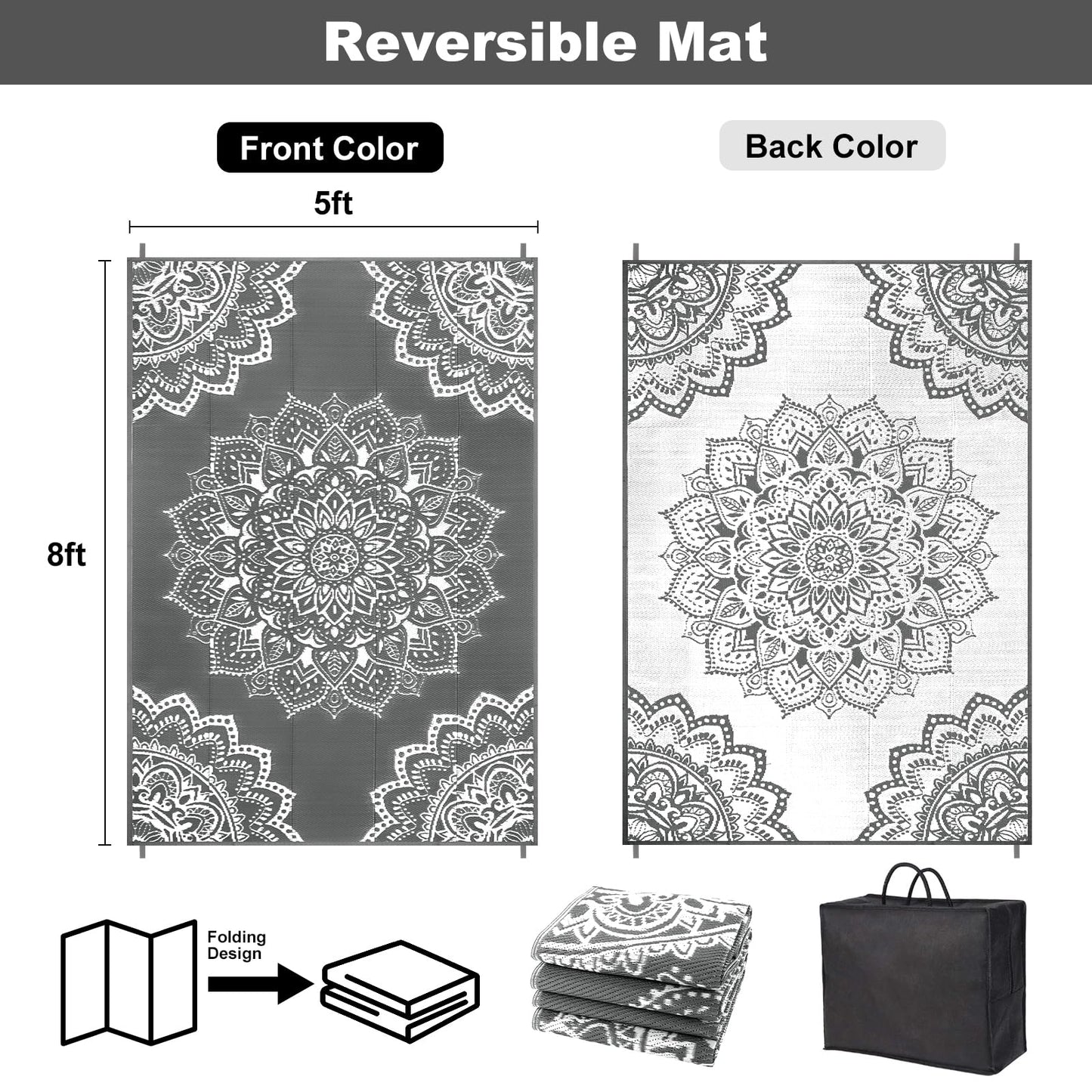 Yamaziot Waterproof Outdoor Rug 5x8 ft, Reversible Plastic Straw Rug for Patio Clearance, Camping, RV Mat, Large Outside Rug Carpet for Porch, Deck, Backyard, Balcony, Picnic (Grey)