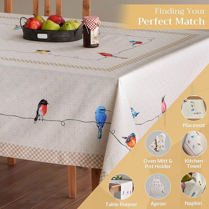 Maison d' Hermine Table Cloth Rectangle Table 100% Cotton 70 x 108 Inches Tablecloth Reusable Decorative for Dining Room, Farmhouse, Home, Party, Festive & Wedding Spring Summer - Birdies On Wire