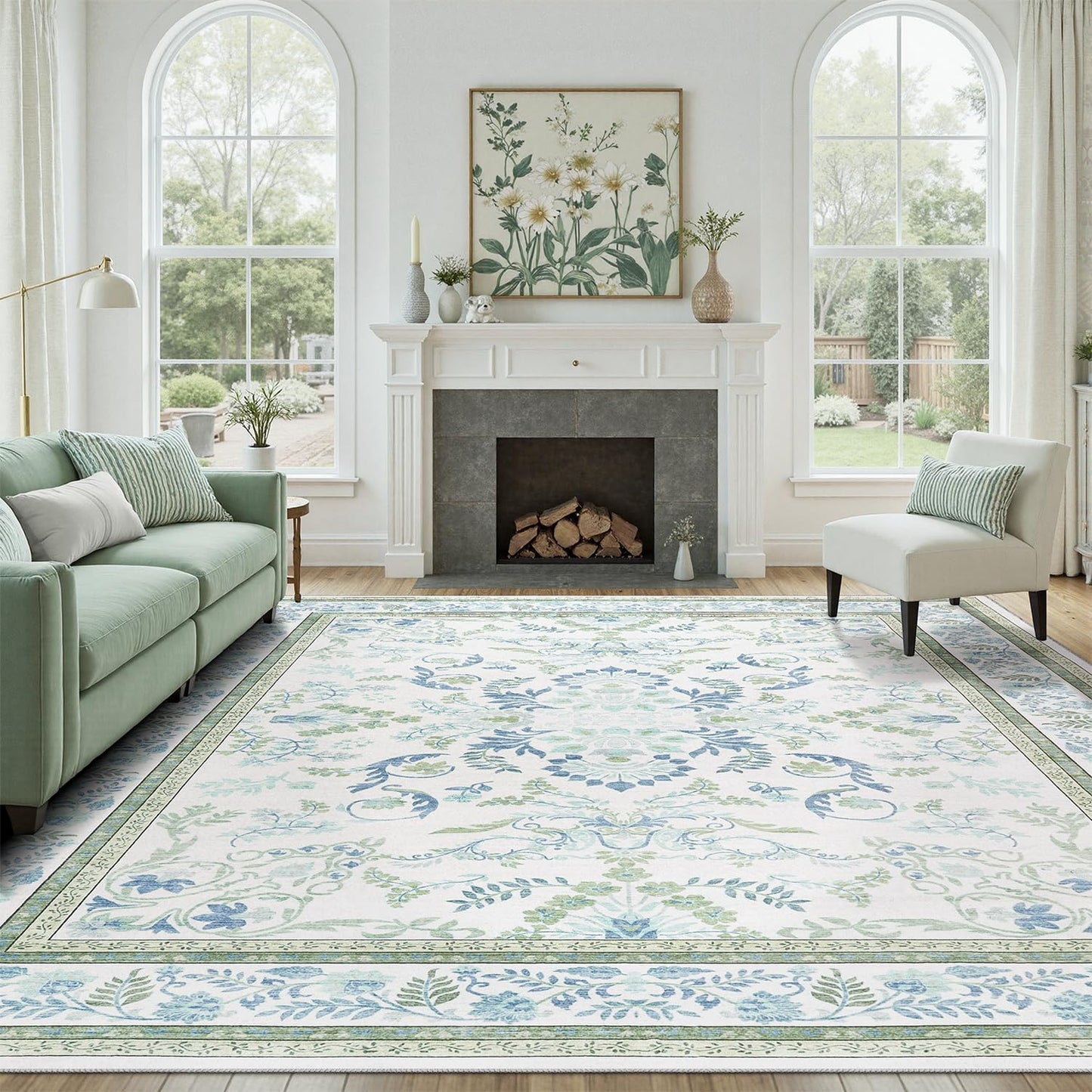 DCX Green 8x10 Rug, Kid & Pet Friendly with Rubber Back Non Slip, Machine Washable Stain Resistant Botanical Floral Rug for Living Room, Bedroom, Soft Low Pile Large Nursery Carpet