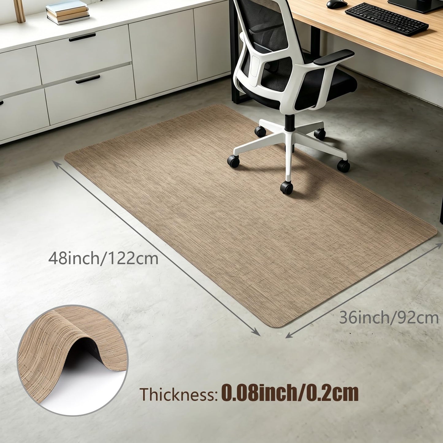 Bsmathom Office Chair Mat for Hardwood Floor, 36" x 48" Desk Computer Chair Mat for Hard Wood and Tile Floor, Anti-Slip Hard Floor Protector Chair Mat, PVC Mat Desk Rug for Office Home, Khaki