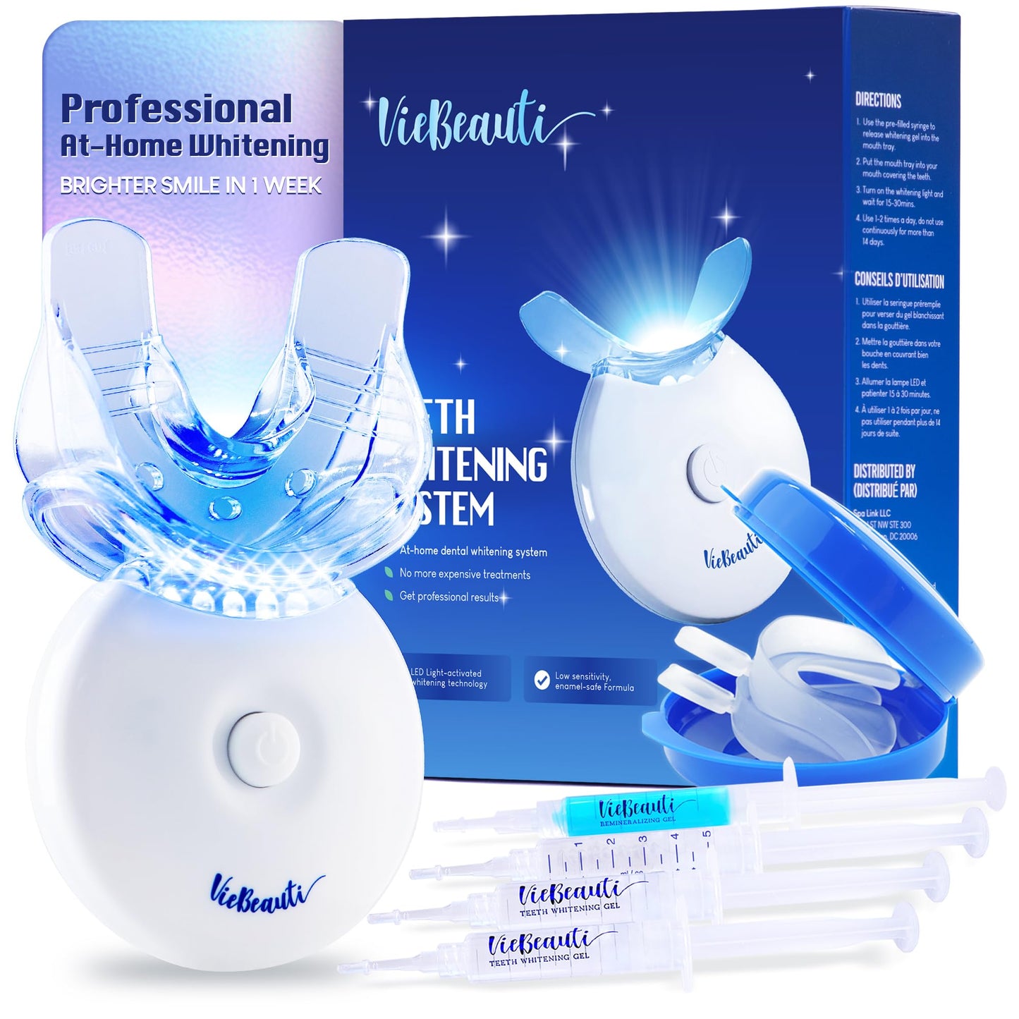 VieBeauti Teeth Whitening Kit with LED Light: Tooth Whitener with 35% Carbamide Peroxide, Remineralizing Gel, Mouth Trays and Tray Case - 10-Minute Timer Enhances Minty Fresh White Smile Mint