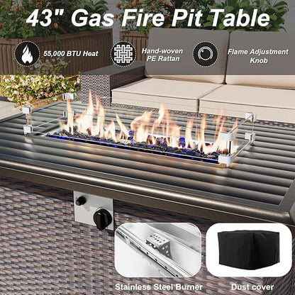 ALAULM 15 Pieces Outdoor Patio Furniture Set with Propane Fire Pit Table Outdoor Sectional Sofa Sets Patio Furniture 43" Gas Fire Pit Brown PE Rattan Patio Conversation Set w/12 Cushions-Red
