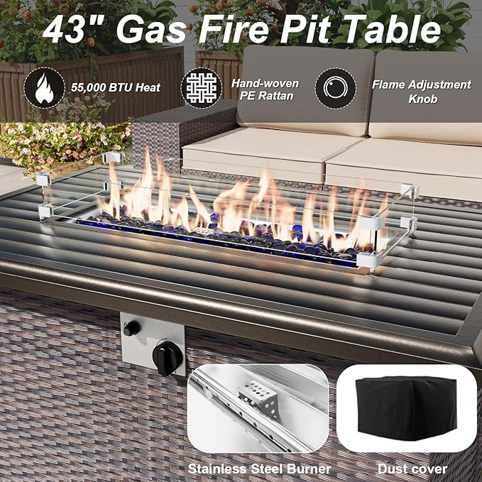 ALAULM 10 Pieces Patio Furniture Set with 2 Swivel Chairs Patio Furniture Outdoor Sectional Sofas with 55000 Gas Fire Pit Patio Conversation Set w/7 Cushions-Red