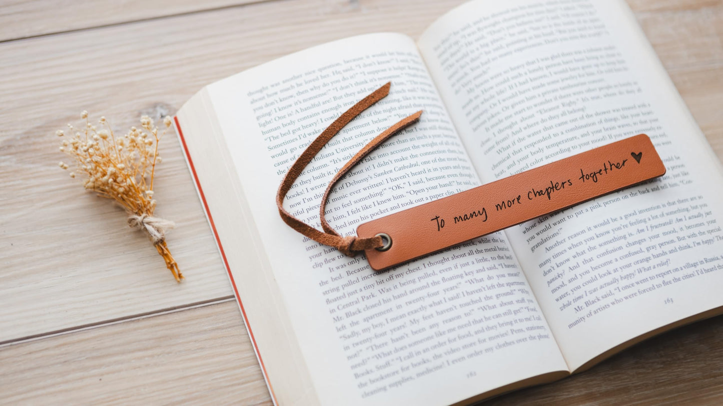Engraved Leather Bookmark - to Many More Chapters Together, Book Club Reading Page Marker, Gift for Book Lover Nerd Bookworm Wife Girlfriend Fiance Third Year Wedding Anniversary Engagement
