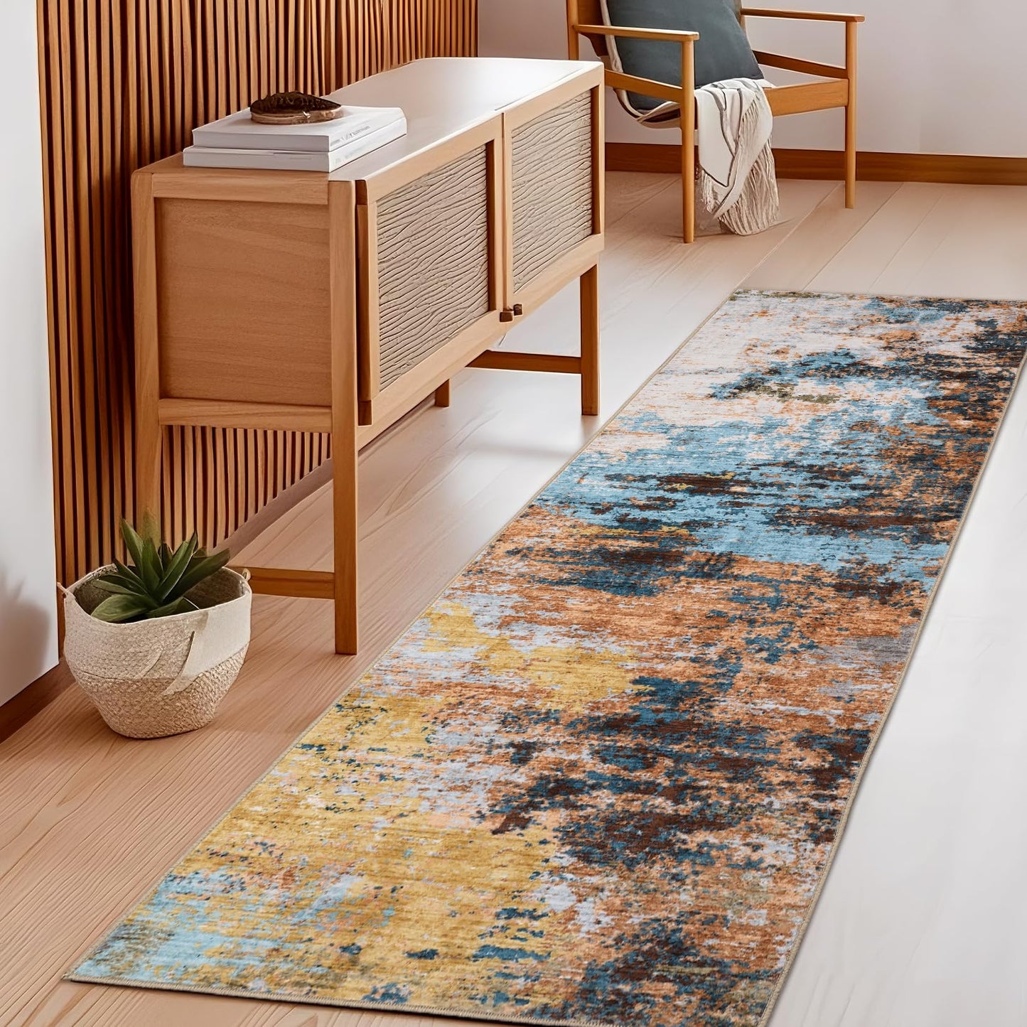 GarveeHome Washable Area Rugs 2x6 Non-Slip Abstract Runner Rugs, Ultra-Soft Low Pile Floor Cover, Stain Resistant Contemporary Indoor Floor Carpet for Hallway, Bedroom, Laundry, Yellow