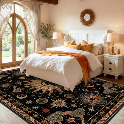 meejou 8x10 Area Rugs, Washable Vacuum-Friendly Non-Slip Rug Vintage Boho Gothic Sun and Moon Printed Pattern Low Pile Carpet for Living Room Bedroom Dining Room Hallway Entryway,Black Gold Beige Red