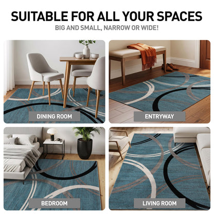 Rugshop Modern Wavy Circles Design Oval Rug, Non-Shedding Carpet for Living Room, Bedroom, or Dining Room, Blue, 5' x 7' Oval