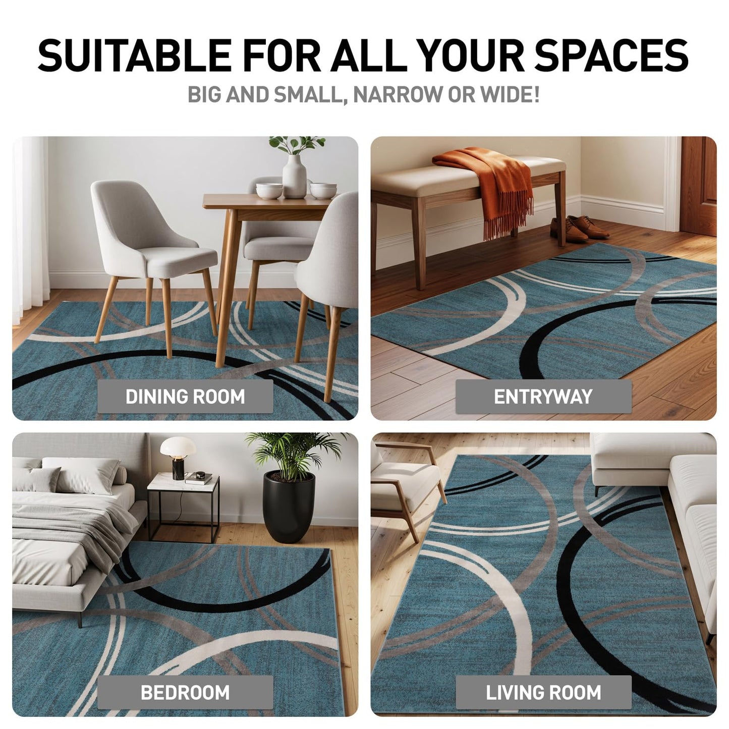 Rugshop Modern Wavy Circles Design Area Rug, Fade-Resistant Carpet for Entryway, Bathroom, or Kitchen, Blue, 3'3" x 5'