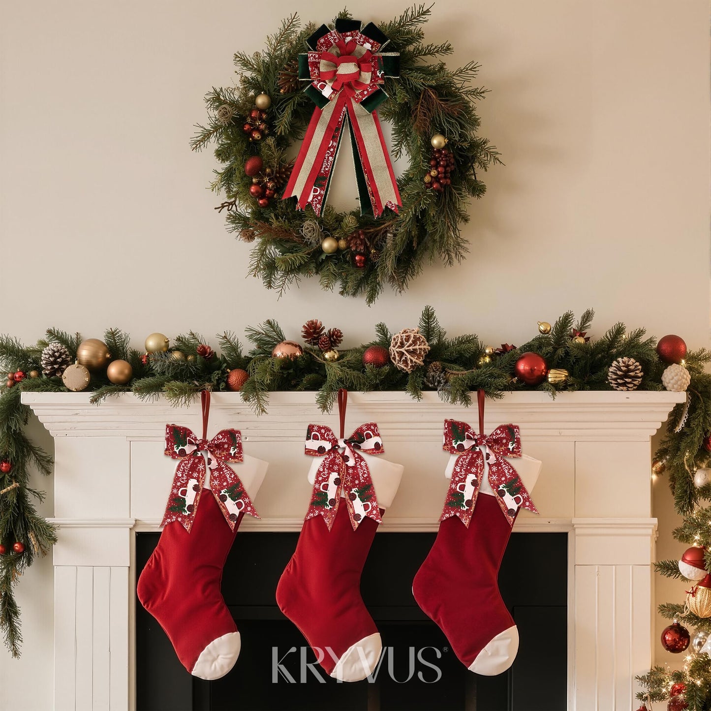 Kryvus Christmas Wired Ribbon, 2.5 Inch x 10 Yards, Red Linen Christmas Ribbon with Gold Wired Edge for Wreaths, Gift Wrapping, Christmas Tree Decorations & Holiday Crafts (Truck/Snow)