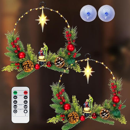 2Pack Nativity Wreaths for Front Door with Lights & Remote, Holy Family Nativity Statue & Star of Bethlehem Christmas Decor, 16'' Windows Wreaths, Fireplace Decorations