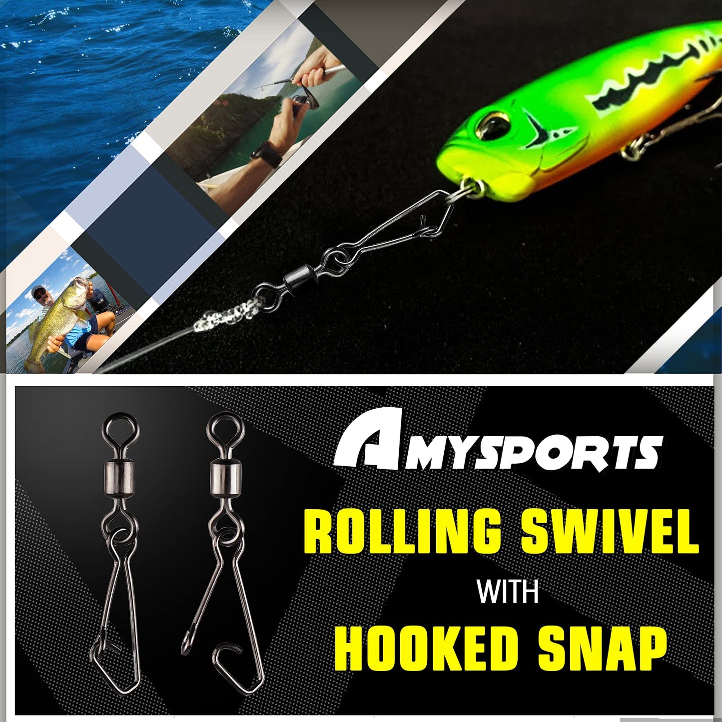 AMYSPORTS Saltwater Rolling Fishing Swivel Tackle High Strength Fishing Snap Barrel Freshwater Trolling Swivel Snaps Lock Lure Connector Accessories, 100pcs, 44lbs