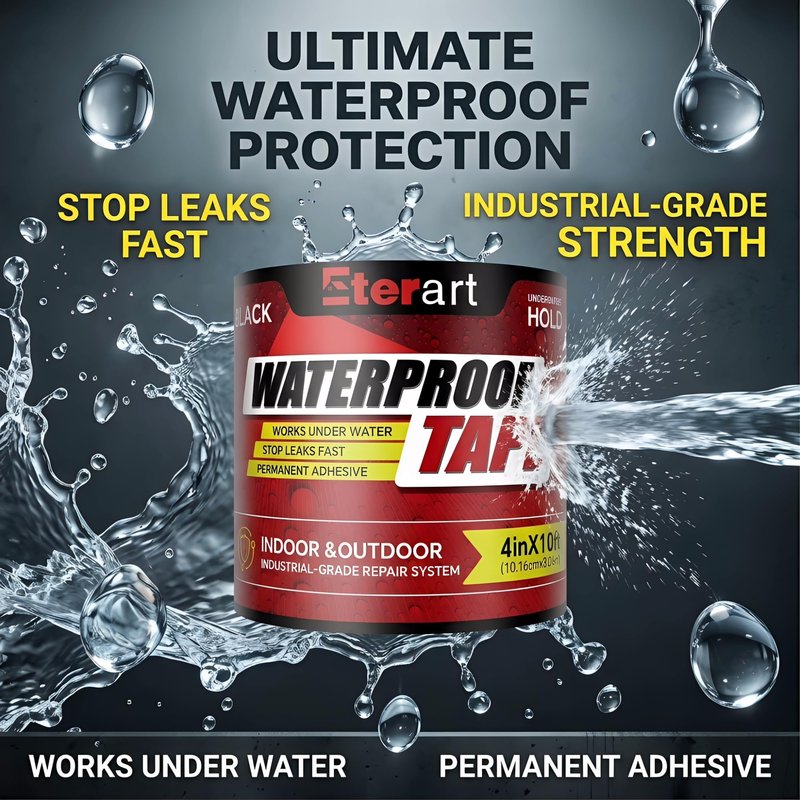 Waterproof Tape Black 4 Inch x 10 FT - Heavy Duty Rubberized Seal Repair for Active Leaks - Fix Roofs, Underwater Pool Liners & Pipes - All-Weather Emergency Patch Tool for Homeowners & Campers