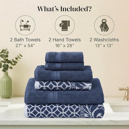 Modern Threads Trefoil Filigree 6-Piece 100% Cotton Towel Set – Reversible Yarn