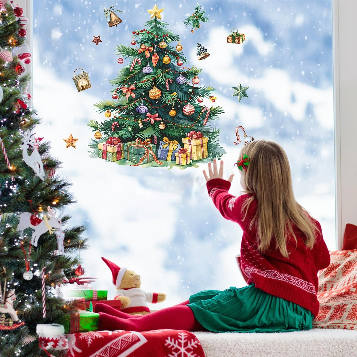 MeyRolizn Merry Christmas Tree Wall Decal, Christmas Window Clings Wall Decals Peel and Stick, Christmas Decorations Wall Stickers for Winter Room Kitchen Bathroom Party Holiday Decor (Green)