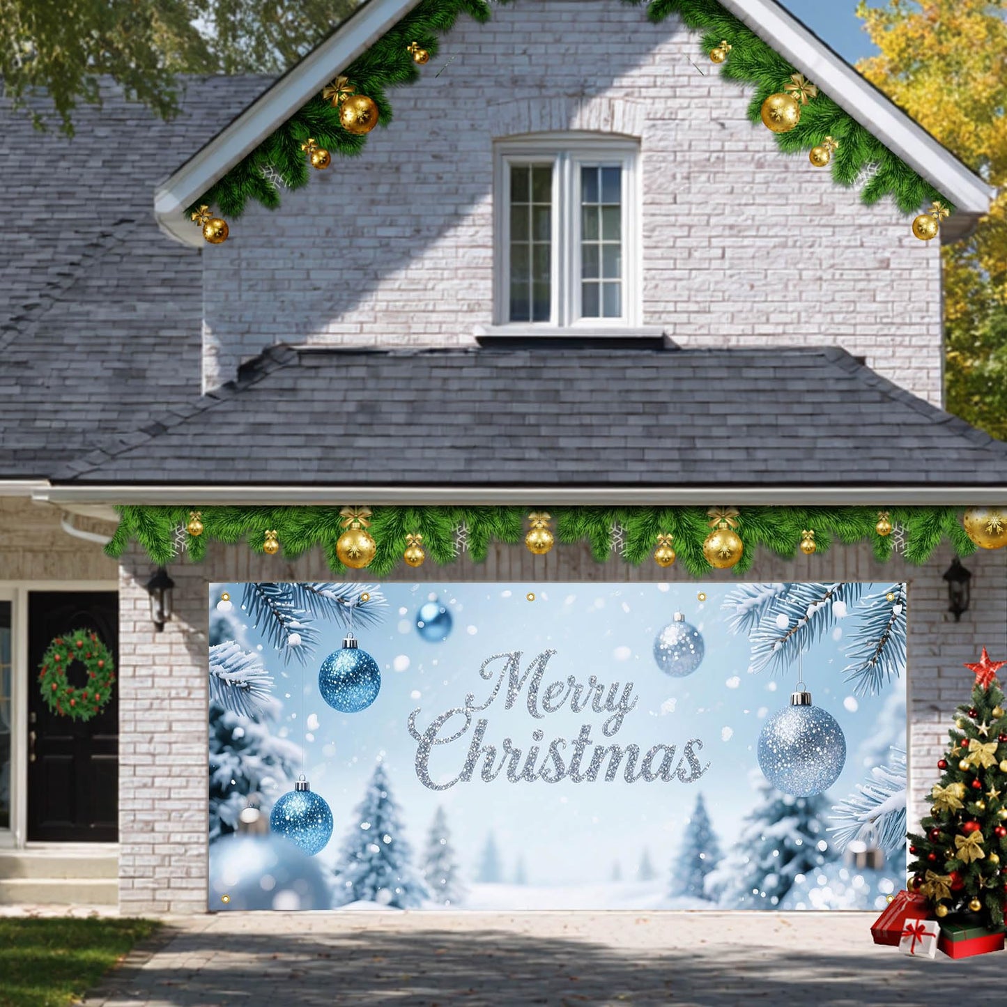 HOMETITUTE Merry Christmas Garage Door Banner 13x6ft Ornaments Snow Trees Theme Backdrop Outdoor Garage Door Cover Winter Scene Display Holiday Yard Decorations for Party Garage Wall Covering