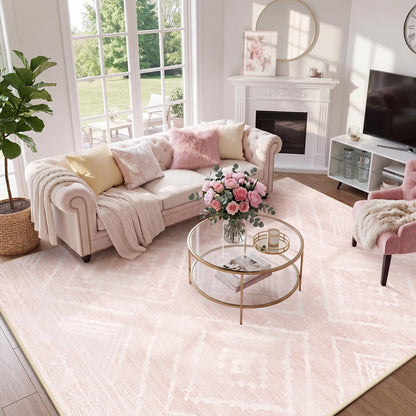 BESTSWEETIE Area Rug 5x7 Rug Machine Washable Non-Slip Low Pile Print Pattern Western Rug for Living Room Bedroom Entryway Tribal Series -Light Pink/Cream