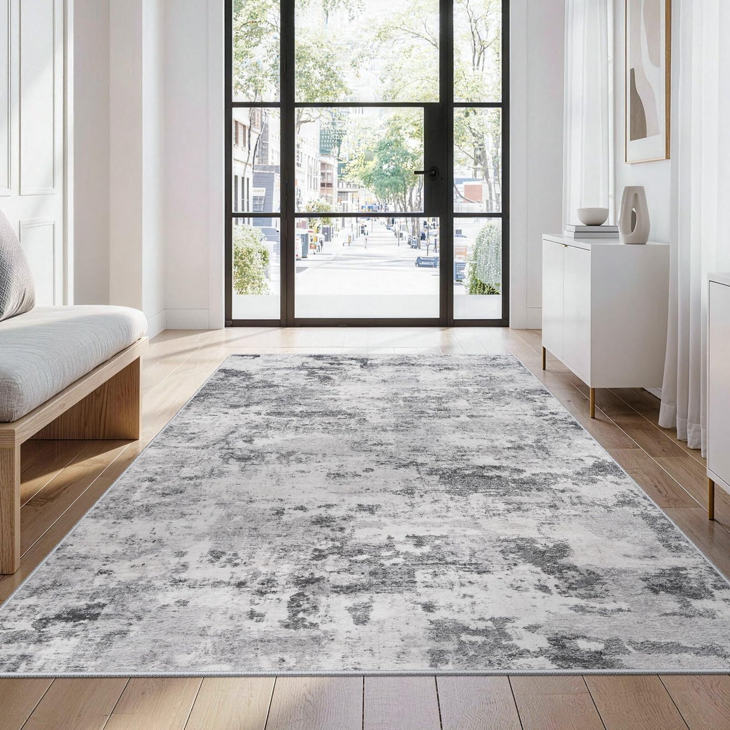 Abstract Washable Area Rug 5x6: Modern Neutral Rugs Non Slip Backing for Living Room Bedroom - Soft Low Pile Easy Clean Thin Indoor Carpet - Home Essential for Elderly Kids Pets Family 5x6 Black Grey