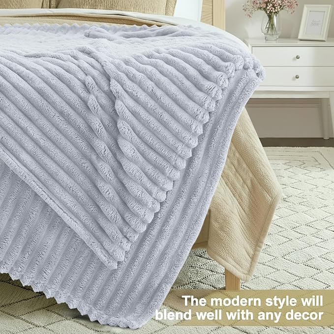 decorUhome Soft Fleece Light Grey Blanket Queen Size for Bed, Cozy Fluffy Plush Flannel Large Striped Throws for Couch Sofa, Lightweight Decorative Fuzzy Blanket for Woman, 90x90 Inches