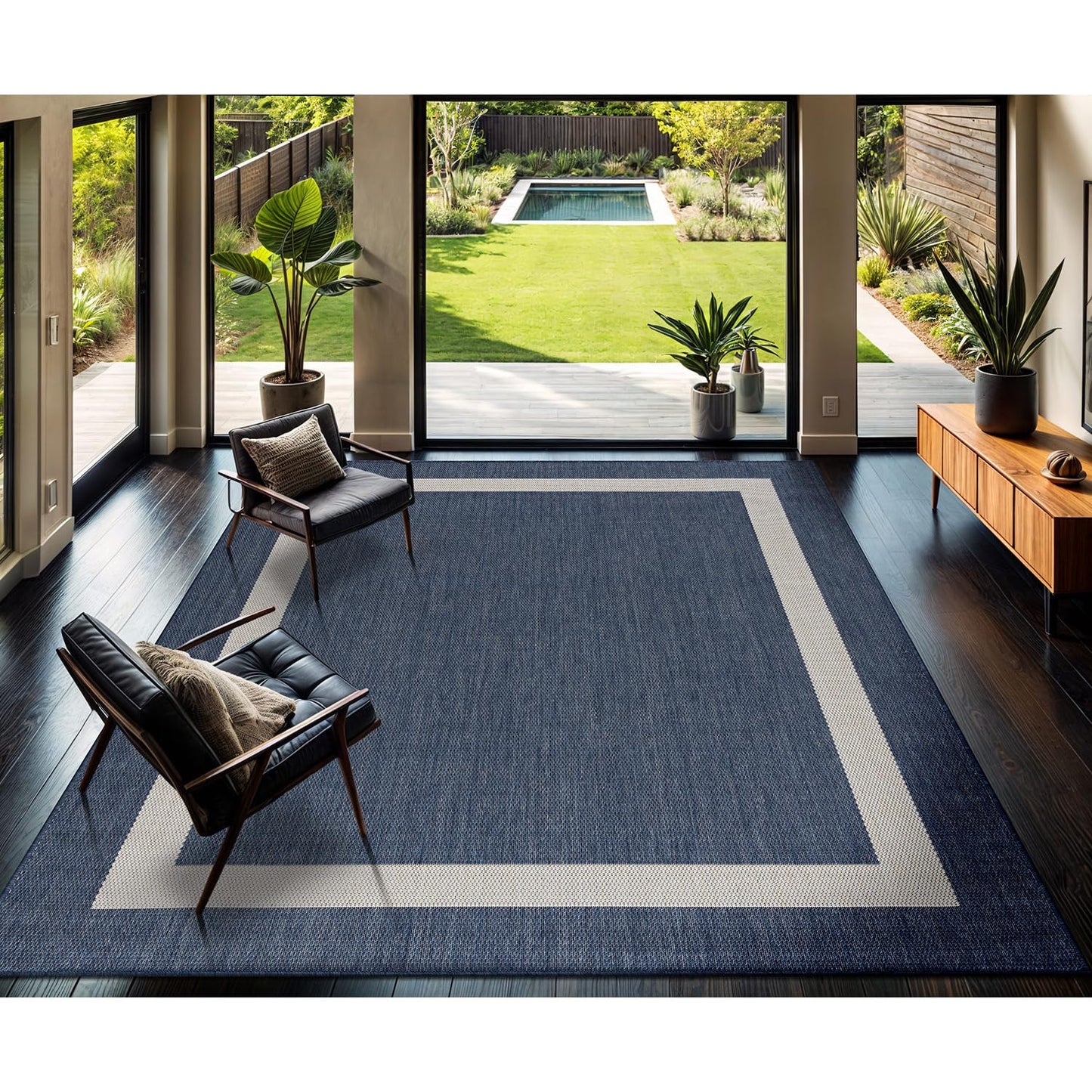 CAMILSON Outdoor Rug 9x12, Large Modern Outside Rugs for Patios Porches Waterproof Durable Washable Non-Shedding, Easy-to-Clean Indoor Outdoor Area Carpet (9 x 12, Bordered - Blue/White)