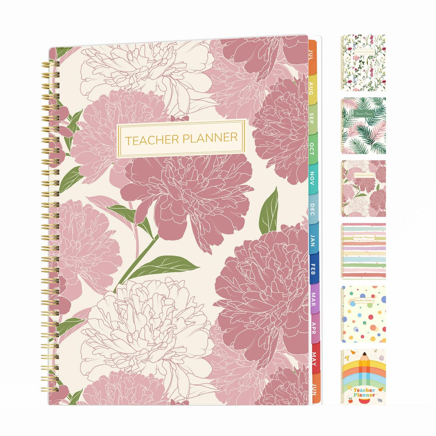 SUNEE Teacher Planner 2026-2027 Academic Year, 7 Periods Lesson Plan Book Jul 2026 - Jun 2027, 8.5"x11"Daily Weekly Monthly Organizers Horizontal Layout with Calendars, Bookmark, Tabs, Pocket, Peony