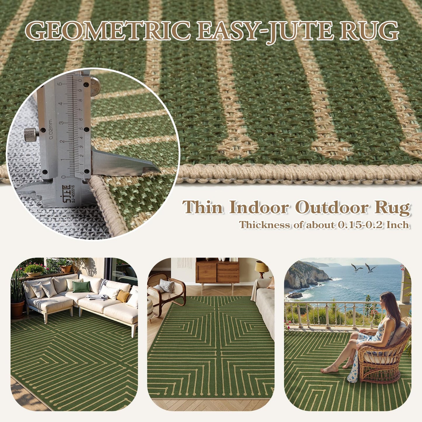 Lahome Neutral Geometric 8x10 Easy Jute Rug, Green Indoor Outdoor Rugs 8x10 for Living Room Office, Farmhouse Rhombus Non Slip Non Shedding Floor Carpet for Patio Backyard Bedroom Decor