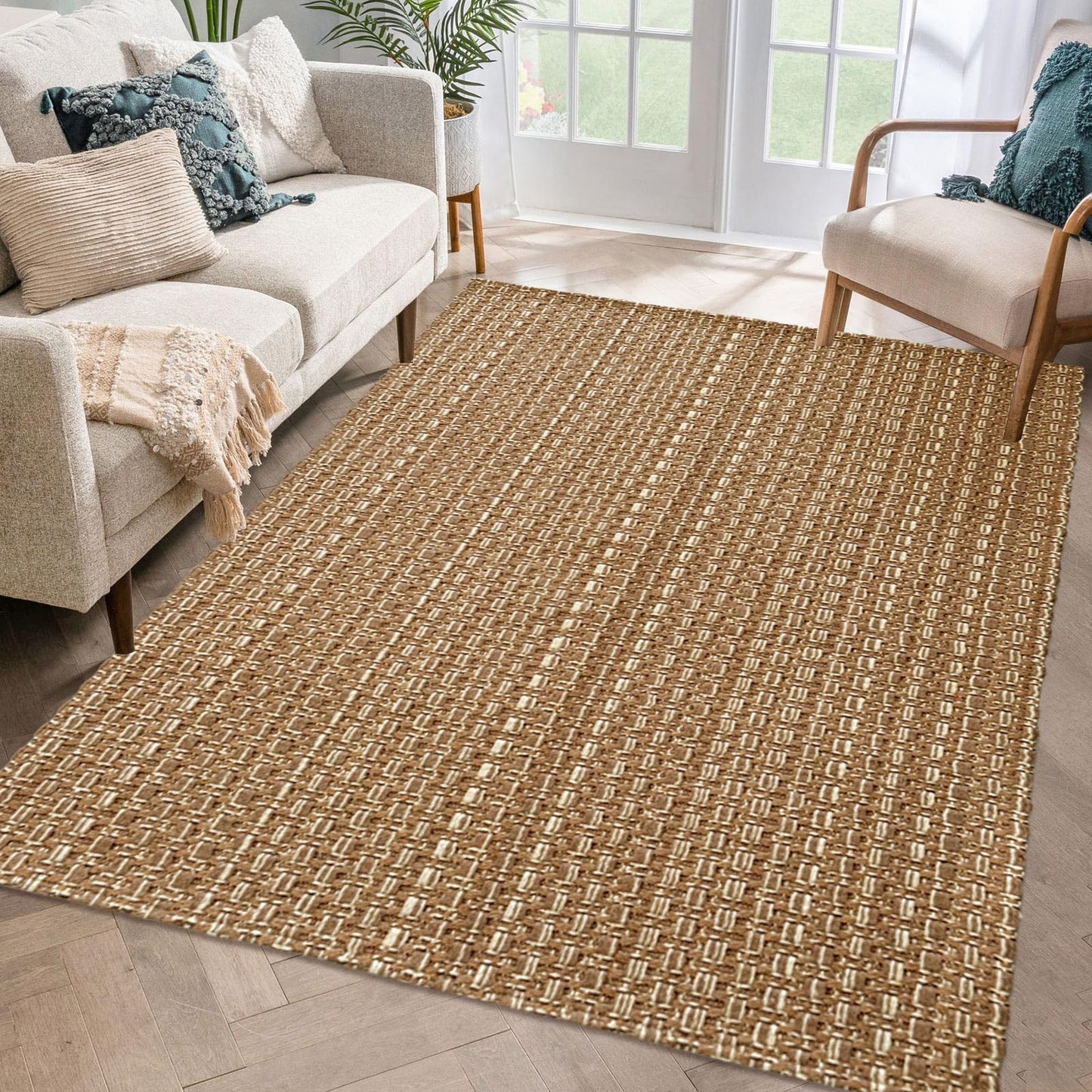 winolive 3x5 ft Rugs for Bedroom - Non-Slip Machine Washable Neutral Rug for Living Room,Faux Jute Rug,Braided Area Rug,Boho Solid Rugs for Home and Office,Very Soft,Stain-Resistan,Tan Brown