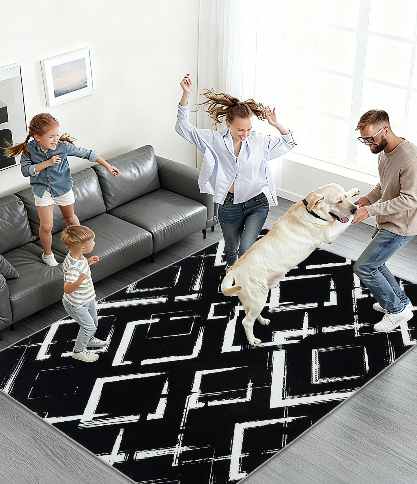 YIHOUSE Black Modern Geometric Area Rug 5x7, Black and White Rug with Abstract Diamond Patterns,Non-Shedding Washable Rugs for Bedroom, Home Office and Small Living Room