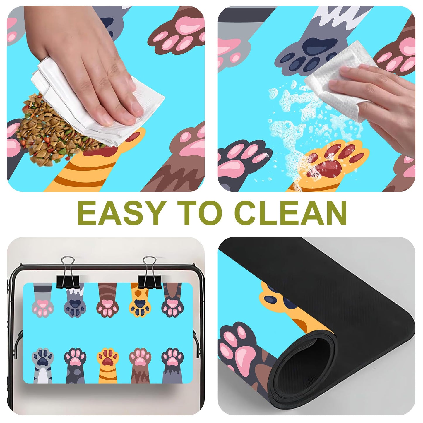 Cat Food Mat Pet Feeding Mat Paw 12" X 20" Non-Slip Super Absorbent, Dog Food Mat Pet Supplies for Floor (Light Blue)