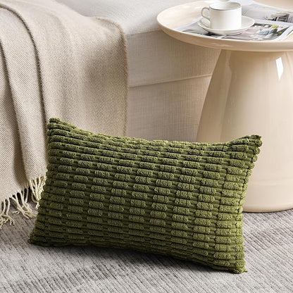 Fancy Homi 1 Pack Boho Moss Green Decorative Throw Pillow Covers 14x24 Inch for Couch Bed Sofa, Rustic Modern Farmhouse Home Decor, Soft Plush Corduroy Cute Rectangle Cushion Case 35x60 cm