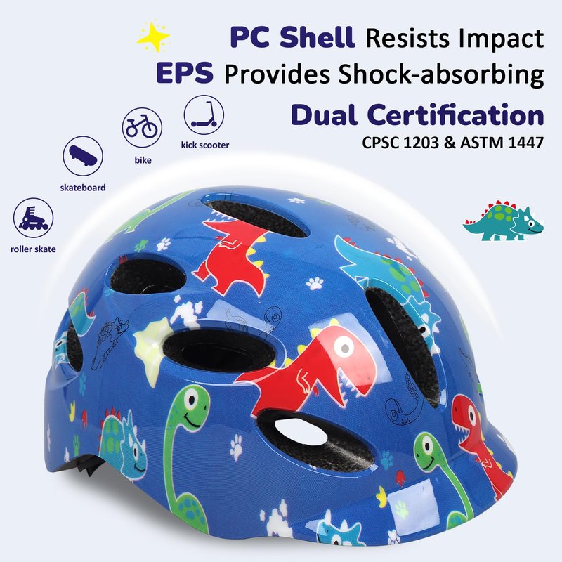 Kids/Youth Bike Helmet for Boys Girls and Teens, Adjustable and Multi-Sport for Bicycle, Kick Scooter, Skateboard, Roller/Inline Skate (Dinosaur)