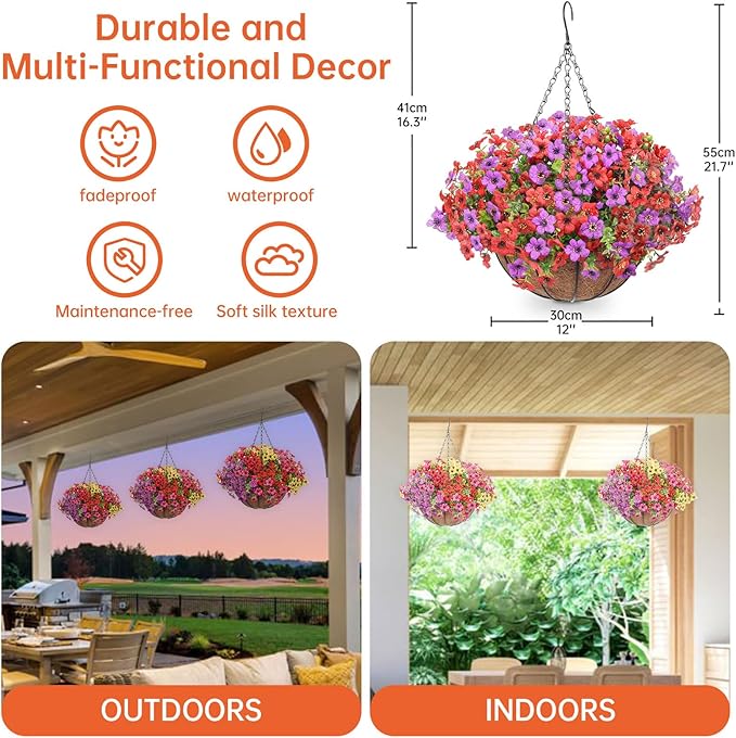 Artificial Hanging Faux Flowers Basket, Fake Silk Daisy Eucalyptus Plants Arrangement,for Spring Summer Outdoor Decoration,UV Resistant, Coconut Planter,Look Real for Home Garden Decor (Pruple Red)