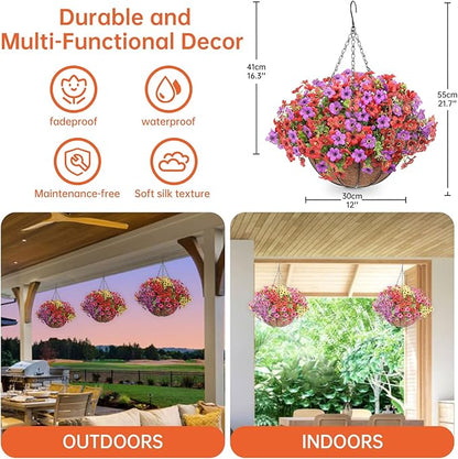 Artificial Hanging Faux Flowers Basket, Fake Silk Daisy Eucalyptus Plants Arrangement,for Spring Summer Outdoor Decoration,UV Resistant, Coconut Planter,Look Real for Home Garden Decor (Pruple Red)