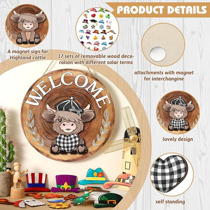35 Pcs Christmas Interchangeable Highland Cow Welcome Sign Highland Cow Seasonal Wooden Hanging Door Decor Thanksgiving Farmhouse Hanging Sign for Front Door Xmas Party Decoration Gift(Red Brown)