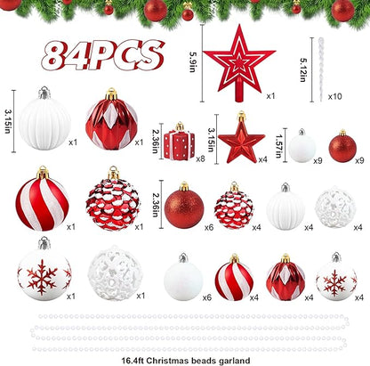 Ouddy Decor 84 Pcs Christmas Tree Ornaments Set, Red and White Christmas Decorations Shatterproof Plastic Glittery Baubles for Wreath Garland Wedding Party Holiday New Year Home Decor, Red & White