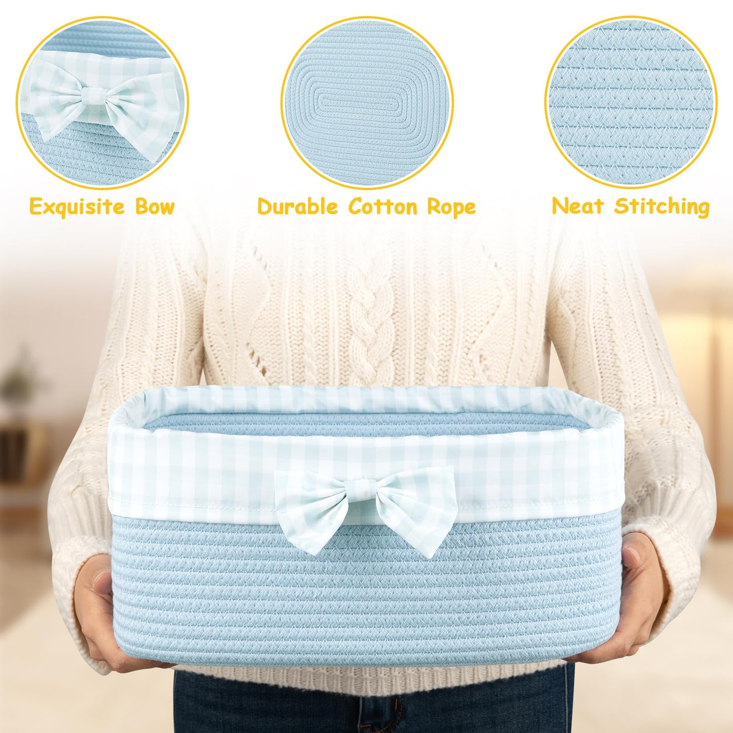OIASKET Basket for Gifts Empty, Large Gift Basket 13L with Gift Bag and Ribbon, Woven Cotton Basket for Baby Showers, Birthday, Wedding, Mother's Day, 13.58"x10"x5.9", Blue