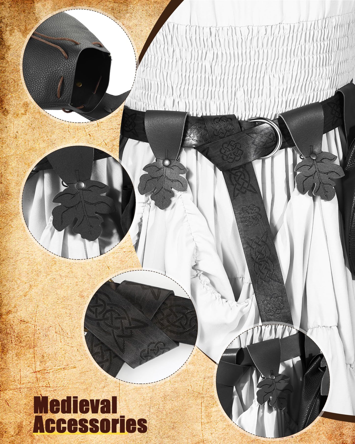 Twistover 6 Pcs Women Renaissance Accessories Leaf Belt Bag Medieval Viking Belt Potion Bottles Leather Skirt Hikes(Black, Black,Classic)