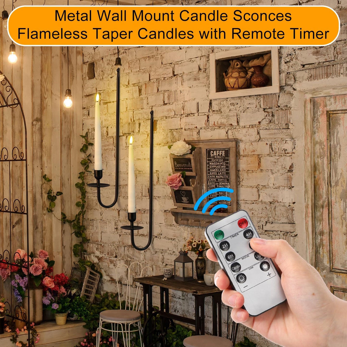 Tessco for you Metal Wall Mount Candle Sconces with 9.6" LED Flameless Taper Candles and Remote Timer 16.5" Wall Hanging Sconces Set for Living Room Fireplace Hallway Stairway(Black,2 Set)